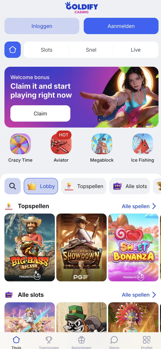 Mobiele lobby van Goldify Casino met Crazy Time, Aviator en topspellen