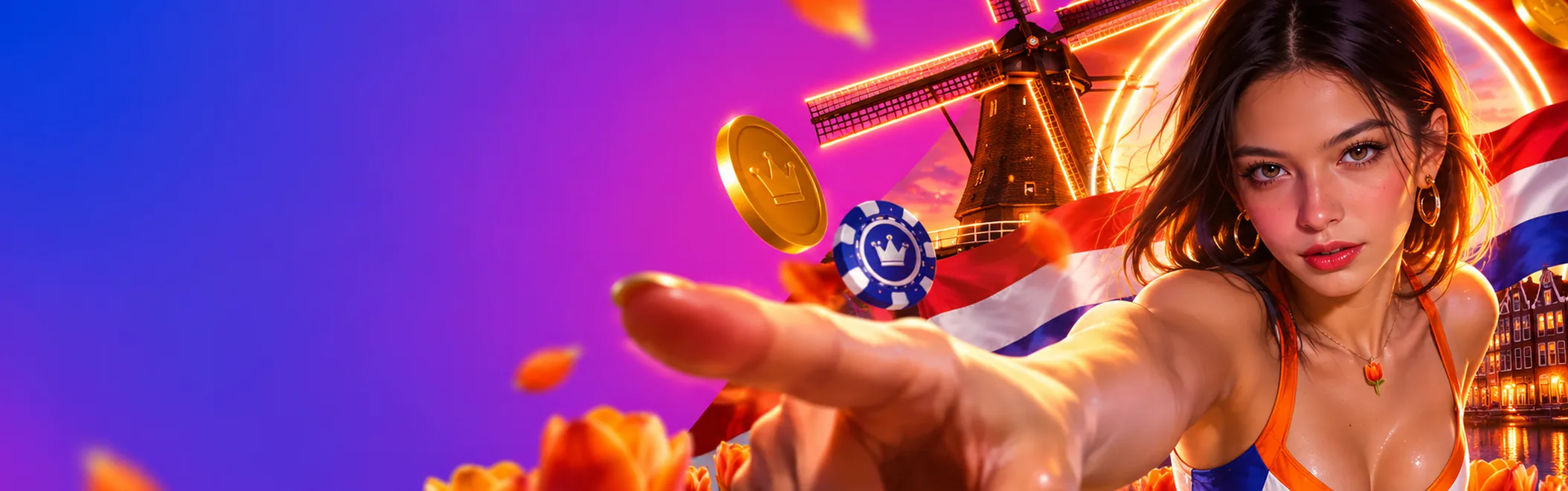 Banner van Goldify Casino Nederland met een windmolen, de Nederlandse vlag en oranje tulpen